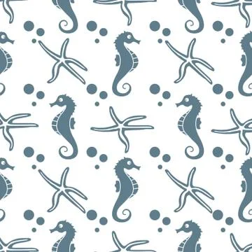 Vector seamless pattern with sea horses, starfish Illustrazione stock