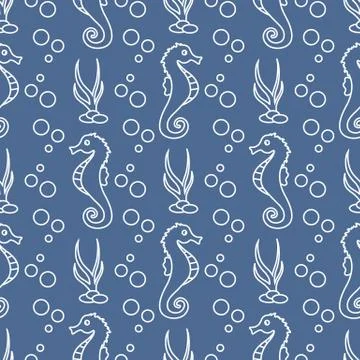 Vector seamless pattern with sea horses, plants Stockillustratie