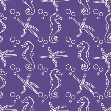 Vector seamless pattern with sea horses, starfish Stock Illustration