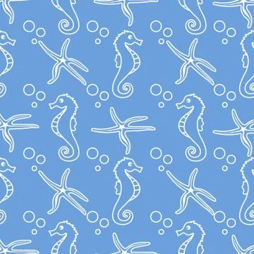 Vector seamless pattern with sea horses, starfish Ilustración de archivo