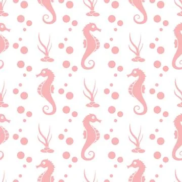 Vector seamless pattern with sea horses, plants Illustrazione stock
