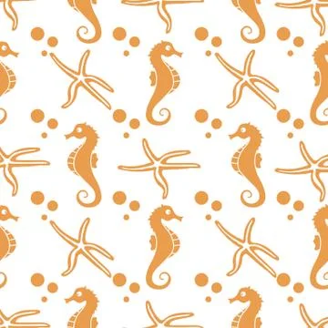 Vector seamless pattern with sea horses, starfish Stock Illustration