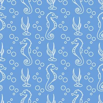 Vector seamless pattern with sea horses, plants Stock Illustration