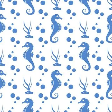 Vector seamless pattern with sea horses, plants Stockillustratie