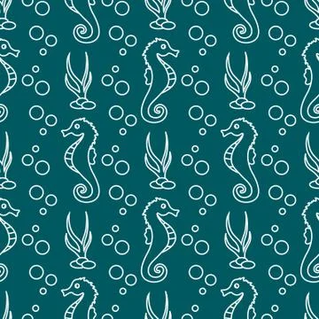 Vector seamless pattern with sea horses, plants Illustrazione stock