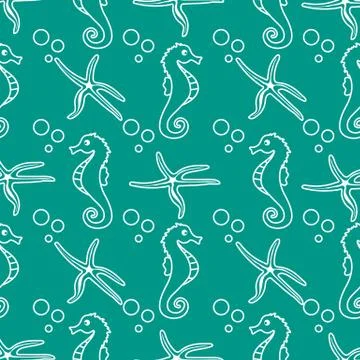 Vector seamless pattern with sea horses, starfish Illustrazione stock