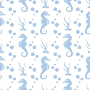 Vector seamless pattern with sea horses, plants Illustrazione stock
