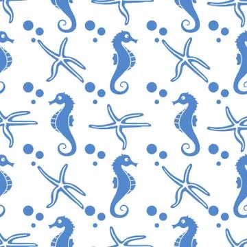 Vector seamless pattern with sea horses, starfish Stock Illustration