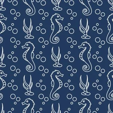 Vector seamless pattern with sea horses, plants Illustrazione stock