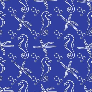 Vector seamless pattern with sea horses, starfish Illustrazione stock