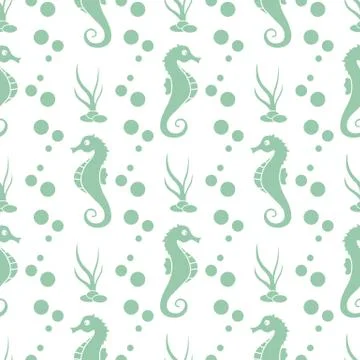 Vector seamless pattern with sea horses, plants Stockillustratie