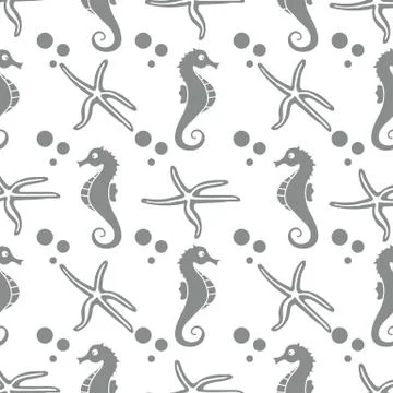 Vector seamless pattern with sea horses, starfish Stock Illustration