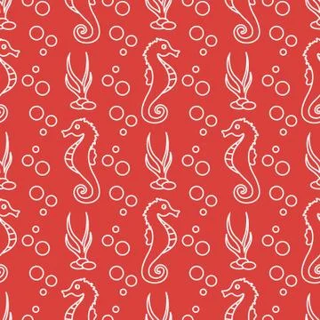 Vector seamless pattern with sea horses, plants Illustrazione stock