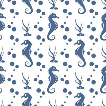 Vector seamless pattern with sea horses, plants Stock Illustration