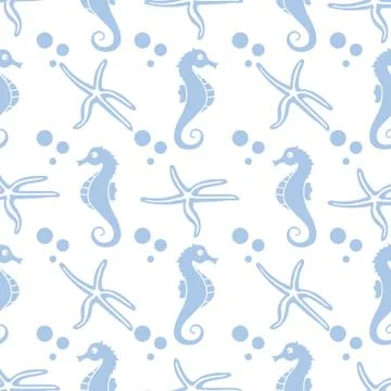 Vector seamless pattern with sea horses, starfish Stock Illustration