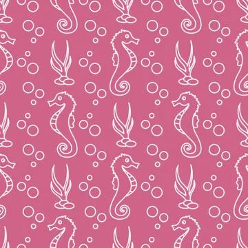 Vector seamless pattern with sea horses, plants イラスト素材