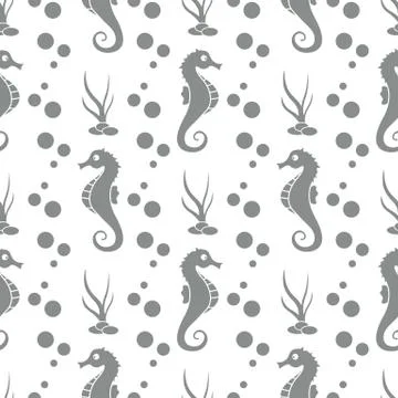 Vector seamless pattern with sea horses, plants イラスト素材