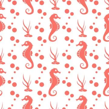 Vector seamless pattern with sea horses, plants Stockillustratie