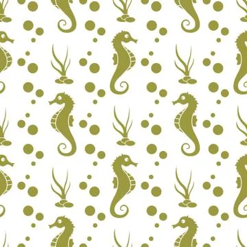 Vector seamless pattern with sea horses, plants イラスト素材