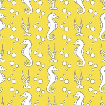 Vector seamless pattern with sea horses, plants Illustrazione stock