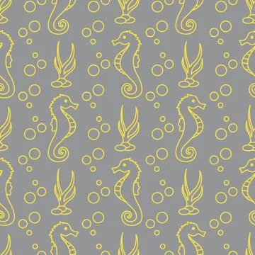 Vector seamless pattern with sea horses, plants Stock Illustration