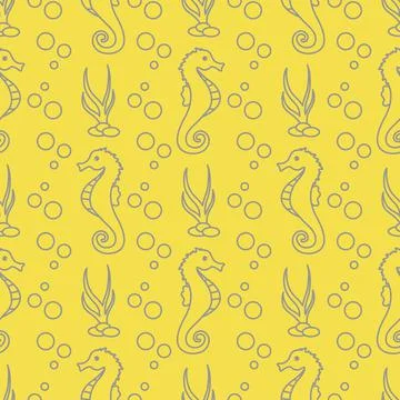 Vector seamless pattern with sea horses, plants Illustrazione stock