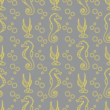 Vector seamless pattern with sea horses, plants Illustrazione stock