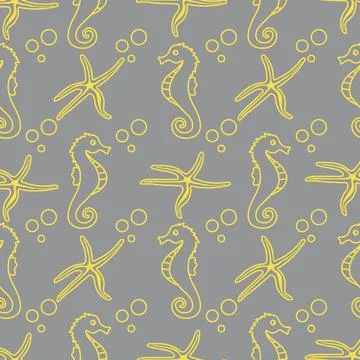 Vector seamless pattern with sea horses, starfish 스톡 일러스트