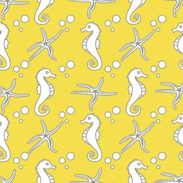 Vector seamless pattern with sea horses, starfish Stock Illustration