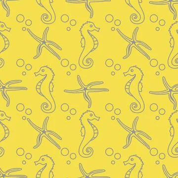 Vector seamless pattern with sea horses, starfish Illustrazione stock