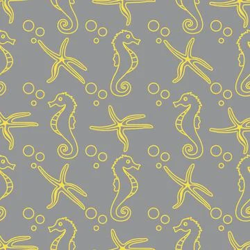 Vector seamless pattern with sea horses, starfish Stock Illustration