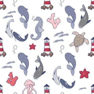Vector seamless pattern of the sea objects Stock Illustration