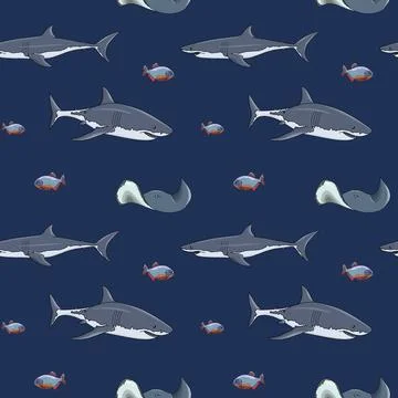 Vector seamless pattern of sea predators. Sharks, skates and piranhas Stock Illustration