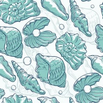 Vector seamless pattern sea shells and pearls different shapes. Clamshells Stockillustratie