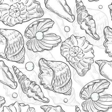 Vector seamless pattern sea shells and pearls different shapes. Clamshells Stockillustratie