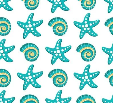 Vector seamless pattern with sea stars and seashels Stock Illustration