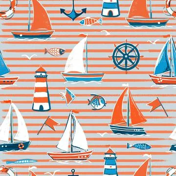 Vector seamless pattern on the sea theme in orange and gray stripes. Sailboats Stock Illustration