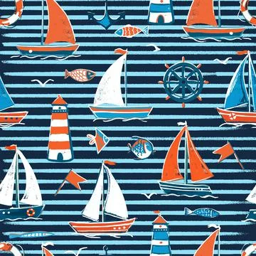 Vector seamless pattern on the sea theme in blue and dark stripes. Sailboats on Stock Illustration