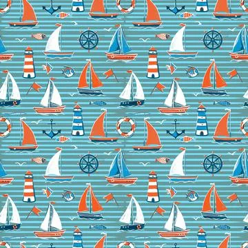 Vector seamless pattern on the sea theme in blue stripes. Sailboats on the sea Illustrazione stock