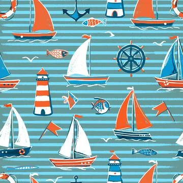 Vector seamless pattern on the sea theme in blue stripes. Sailboats on the sea Stock Illustration