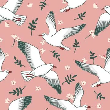 Vector seamless pattern with seagulls, flowers and leaves Stock Illustration