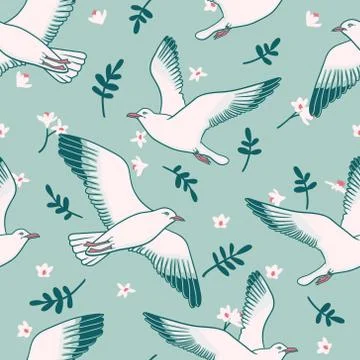 Vector seamless pattern with seagulls, flowers and leaves Stock Illustration