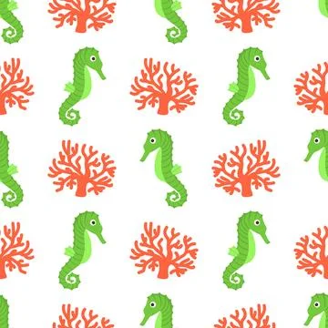 Vector seamless pattern. Seahorse and seaweed in cartoon style. Summer, beach Stock Illustration