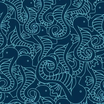 Vector seamless pattern with seahorse on navy blue background. Hippocampus ba Stock Illustration