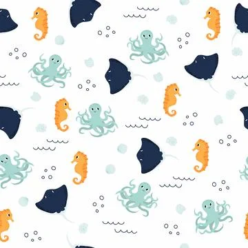 Vector seamless pattern with seahorse, octopus, devilfish.Underwater cartoon Stock Illustration