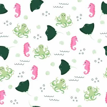Vector seamless pattern with seahorse, octopus, devilfish.Underwater cartoon Stock Illustration