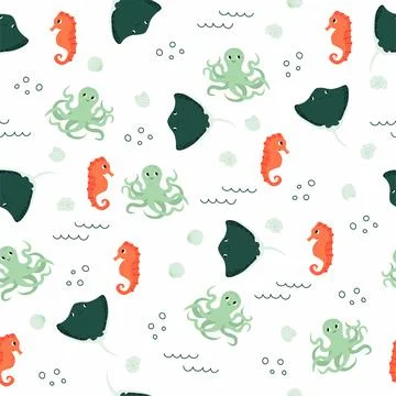 Vector seamless pattern with seahorse, octopus, devilfish.Underwater cartoon Stock Illustration