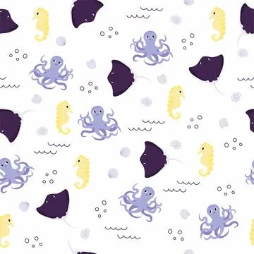 Vector seamless pattern with seahorse, octopus, devilfish.Underwater cartoon Illustrazione stock