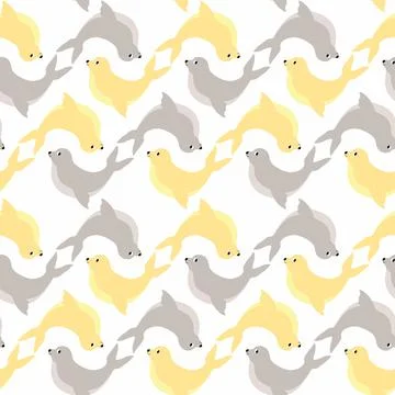 Vector seamless pattern with seal.Underwater cartoon creatures.Marine background Stock Illustration