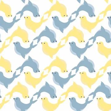 Vector seamless pattern with seal.Underwater cartoon creatures.Marine background Stock Illustration